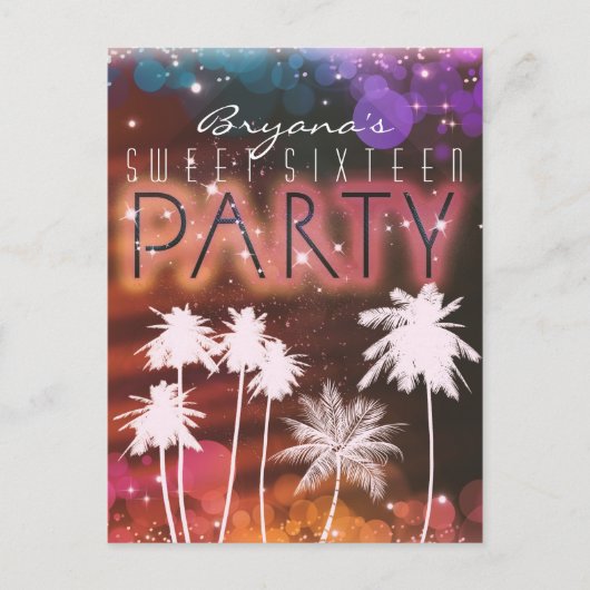 Summer Lights Sparkle Palm Trees Party Invitation Uitnodiging Briefkaart (Voorkant)