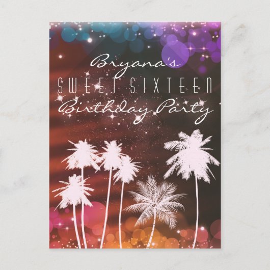 Summer Lights Sparkle Palm Trees Party Invitation Uitnodiging Briefkaart (Voorkant)