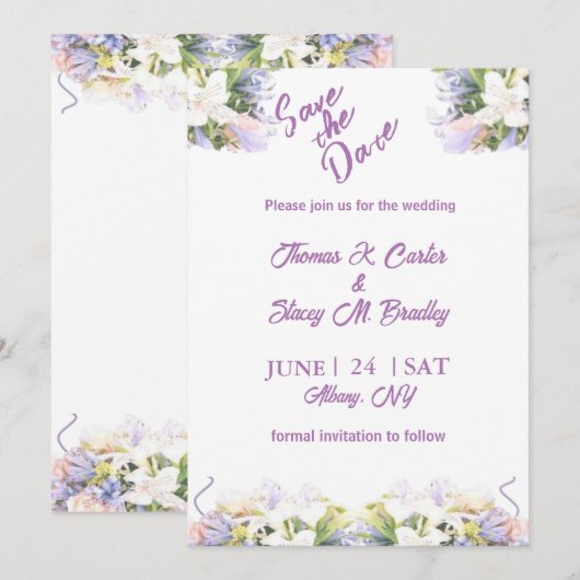 Summer Lila Wildflower Romantic Wedding Kaart (Voorkant / Achterkant)