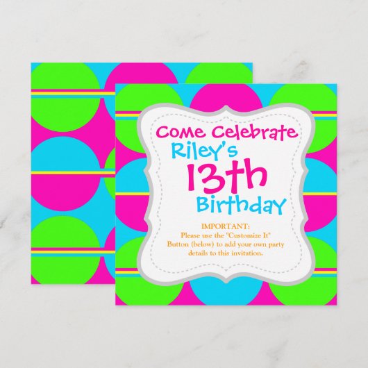 Summer Lime Green Hot Pink Blauwgroen cirkels stri Kaart (Voorkant / Achterkant)