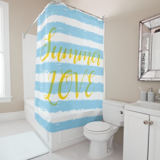 Summer Love Sky Blue White Stripes Douchegordijn (In situ)