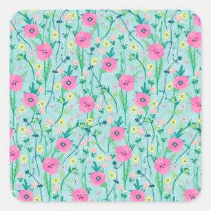 Summer Meadow Floral Natuur Blauwgroen Illustratie Vierkante Sticker