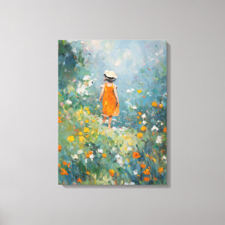 Summer Meadow – Impressionist Girl in Orange Dress Canvas Afdruk