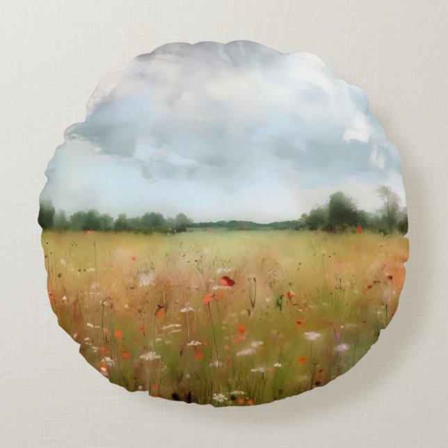 Summer Meadow Wildflower Landschapskunst Rond Kussen (Voorkant)