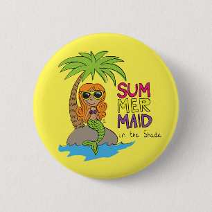 Summer Mermaid Cute Water Bottle Limoen Yellow Ronde Button 5,7 Cm