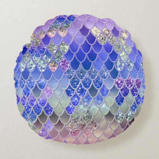Summer Mermaid Glitter Scales #3 (Faux Glitter) Rond Kussen (Voorkant)