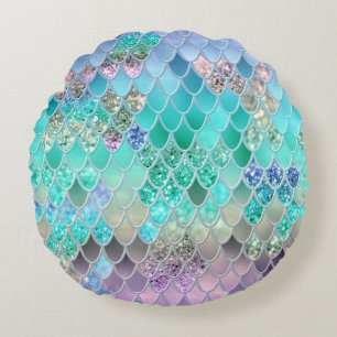 Summer Mermaid Glitter Scales #8 (Faux Glitter) Rond Kussen