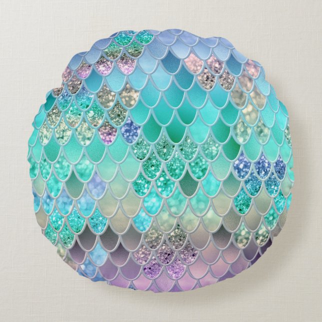 Summer Mermaid Glitter Scales #8 (Faux Glitter) Rond Kussen (Voorkant)