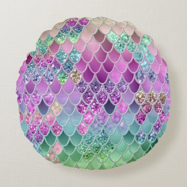 Summer Mermaid Glitter Scales #9 (Faux Glitter) Rond Kussen (Voorkant)