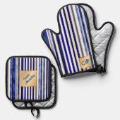 Summer Modern Navy Blue Boat Stripes Collectie Ovenwant & Pannenlap Set (Voorkant / Achterkant)