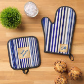 Summer Modern Navy Blue Boat Stripes Collectie Ovenwant & Pannenlap Set (Top down)
