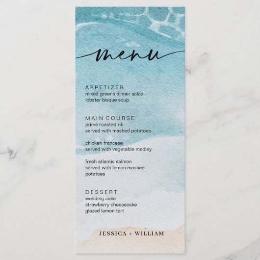 Summer Moderne Coastal Beach Wedding Menu Cards (Voorkant)