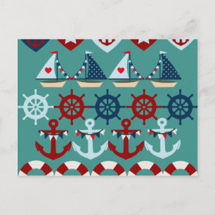 Summer Nautical Theme Anchors Sail Boats Helms Briefkaart
