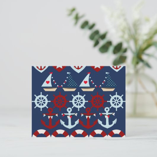 Summer Nautical Theme Anchors Sail Boats Helms Briefkaart (Staand voorkant)