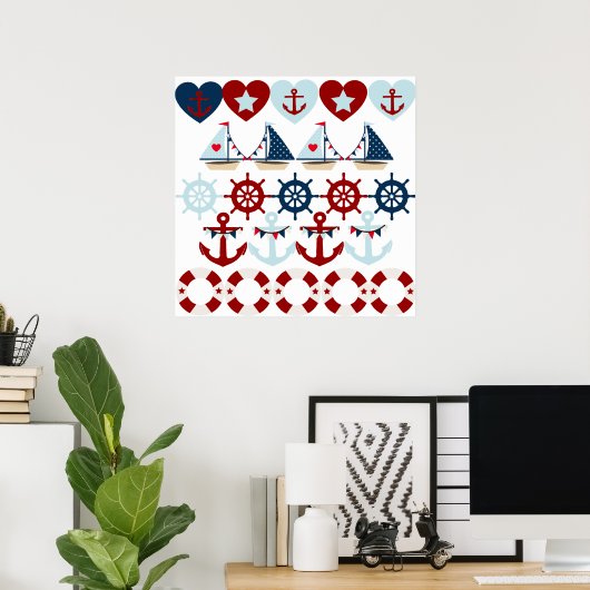 Summer Nautical Theme Anchors Sail Boats Helms Poster (Thuiskantoor)