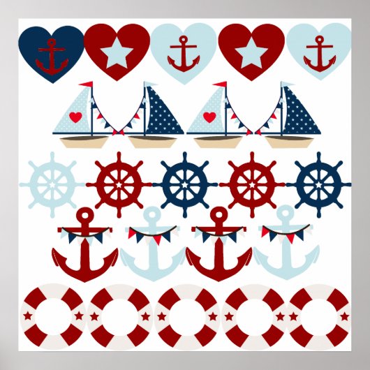 Summer Nautical Theme Anchors Sail Boats Helms Poster (Voorkant)