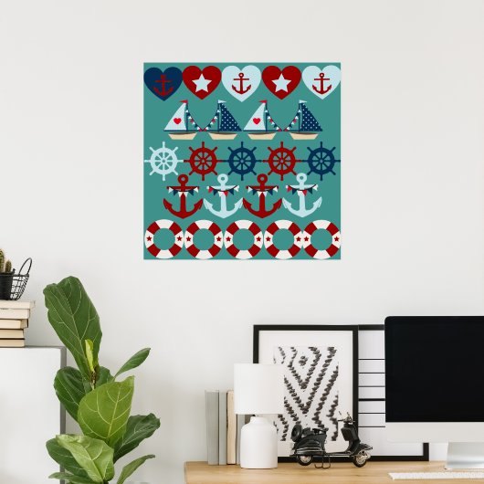 Summer Nautical Theme Anchors Sail Boats Helms Poster (Thuiskantoor)