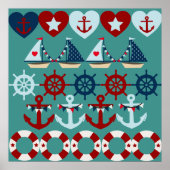 Summer Nautical Theme Anchors Sail Boats Helms Poster (Voorkant)