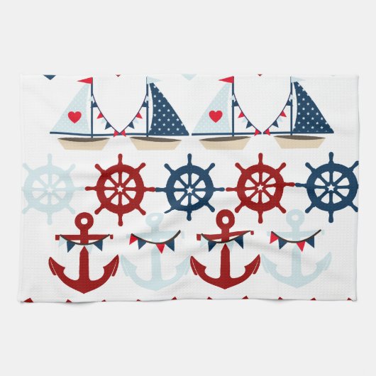 Summer Nautical Theme Anchors Sail Boats Helms Theedoek (Horizontaal)