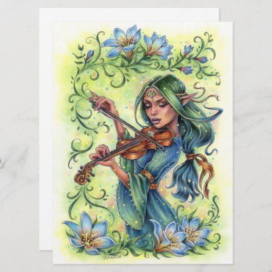 Summer Night Fiddler Fairy Elf Violin Art Kaart (Voorkant / Achterkant)