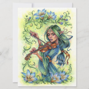 Summer Night Fiddler Fairy Elf Violin Art Kaart