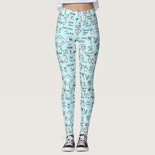 Summer Objects Doodle Pattern Light Blue Leggings (Voorkant)