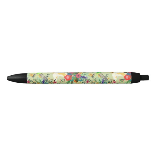 Summer Oerwoud Tropical Parrot Flowers Blossom Zwarte Inkt Pen (Voorkant)
