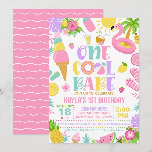 Summer One Cool Babe Birthday Party Invitation Kaart (Voorkant / Achterkant)