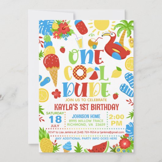 Summer One Cool Dude 1st Birthday Invitation Kaart (Voorkant)