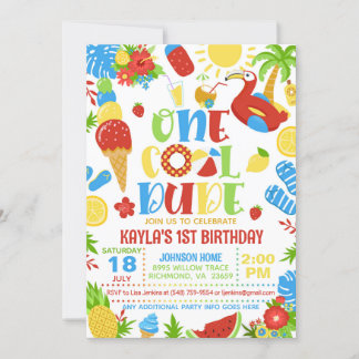 Summer One Cool Dude 1st Birthday Invitation Kaart