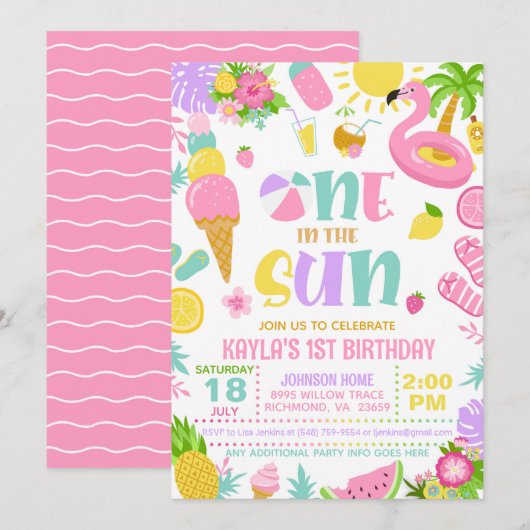Summer One in the Sun Birthday Party Invitation Kaart (Voorkant / Achterkant)