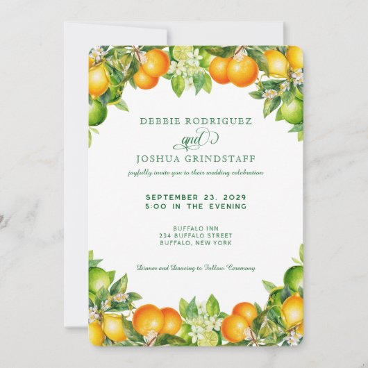 Summer Orange Citrus Fruit Wedding Invitation Kaart (Voorkant)
