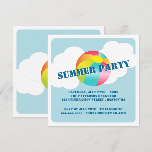 Summer Party Fun Time Beach Ball Invitation Kaart (Voorkant / Achterkant)