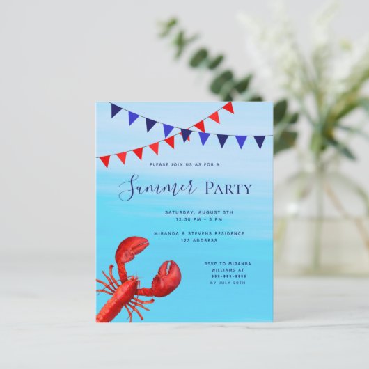 Summer party kreeft blauw zee budget uitnodiging (Staand voorkant)