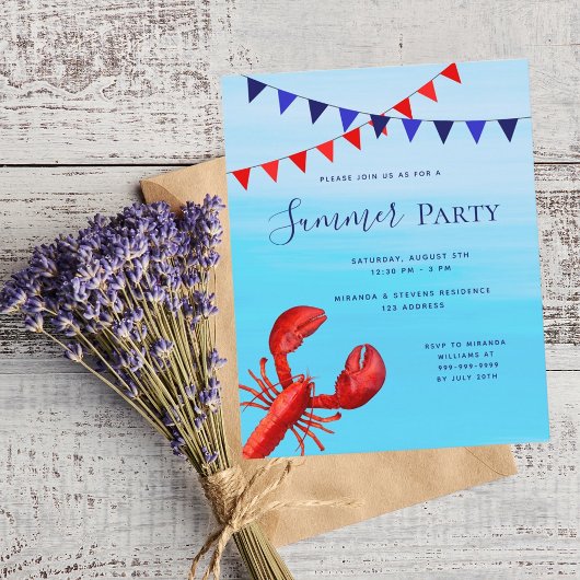 Summer party kreeft blauw zee budget uitnodiging