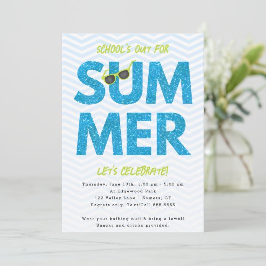 Summer Party, school is blauw glitter Kaart (Staand voorkant)