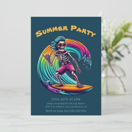 Summer Party - Skeleton Surfer Riding A Wave- Kaart (Staand voorkant)