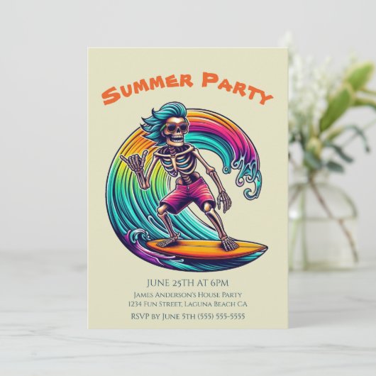 Summer Party - Skeleton Surfer Riding A Wave- Kaart (Staand voorkant)