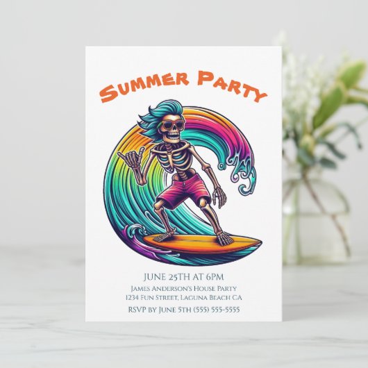 Summer Party - Skeleton Surfer Riding A Wave- Kaart (Staand voorkant)