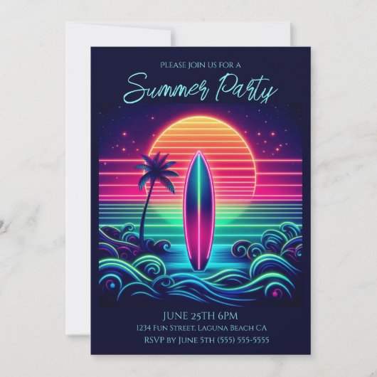 Summer Party - Surfen op de Neon Sunset Kaart (Voorkant)