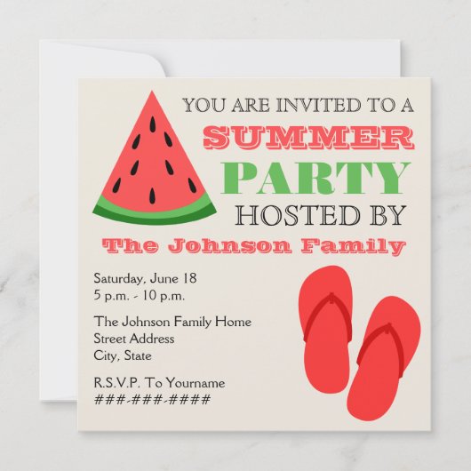Summer Party Watermelon & Teenslippers Invitation Kaart (Voorkant)