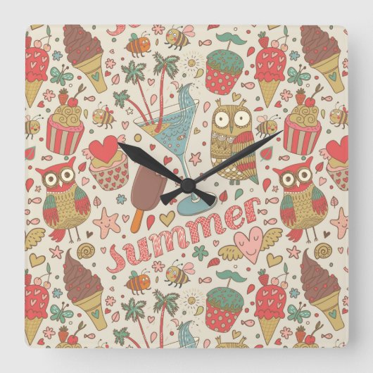 Summer Pattern met Ice Cream Vierkante Klok (Voorkant)