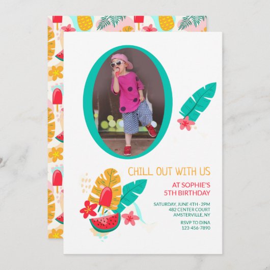 Summer Pattern Photo Birthday Invitation Kaart (Voorkant / Achterkant)