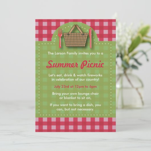 Summer Picnic Gingham Invitations Kaart (Staand voorkant)