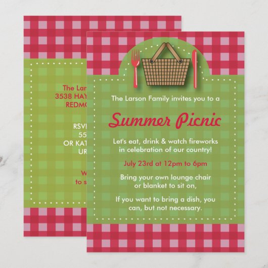 Summer Picnic Gingham Invitations Kaart (Voorkant / Achterkant)