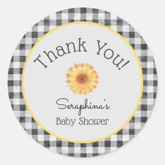Summer Picnic Gingham Sunflower Baby shower Ronde Sticker (Voorkant)