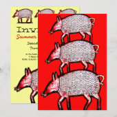 Summer Picnic Pig-out Uitnodiging - Folk Art Pigs (Voorkant / Achterkant)