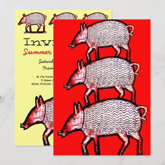 Summer Picnic Pig-out Uitnodiging - Folk Art Pigs (Voorkant / Achterkant)