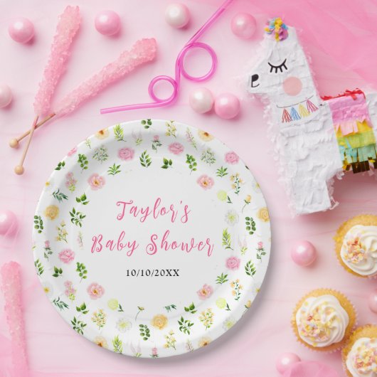 Summer Pink and Yellow Floral Baby Shower Papieren Bordje (Feest)