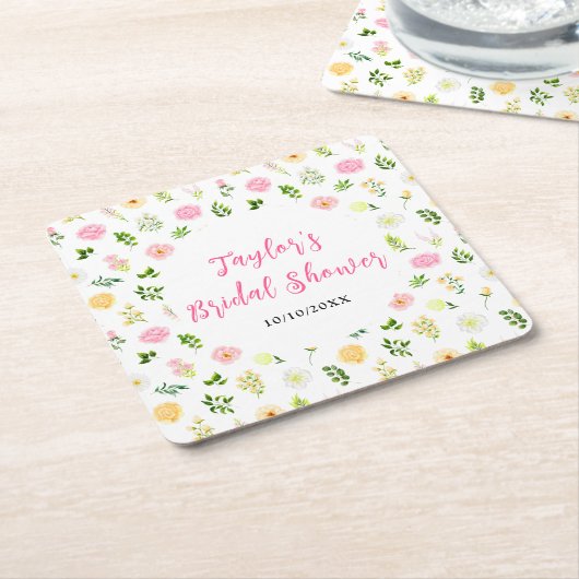Summer Pink and Yellow Floral Bridal Shower Kartonnen Onderzetters (Schuin)